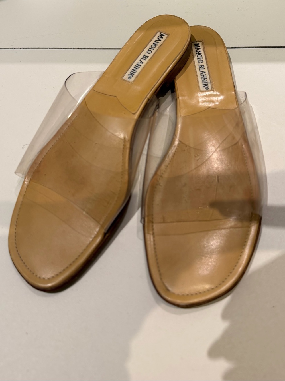 Manolo Blahnik Tan Leather Slides with Clear PVC Strap